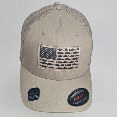 Columbia PFG Flexfit Trucker Hat Tan Fish Flag USA Fishing Gear Unisex Size L/XL