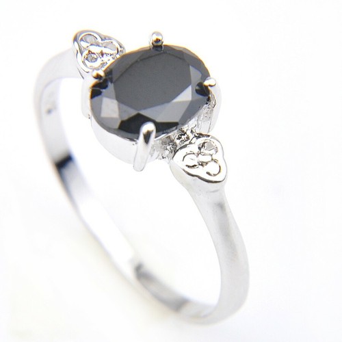 Shine 8*6MM Oval Natural Black Agate Gemstone Silver Rings Size 7~9 Women Gifts - Picture 4 of 6
