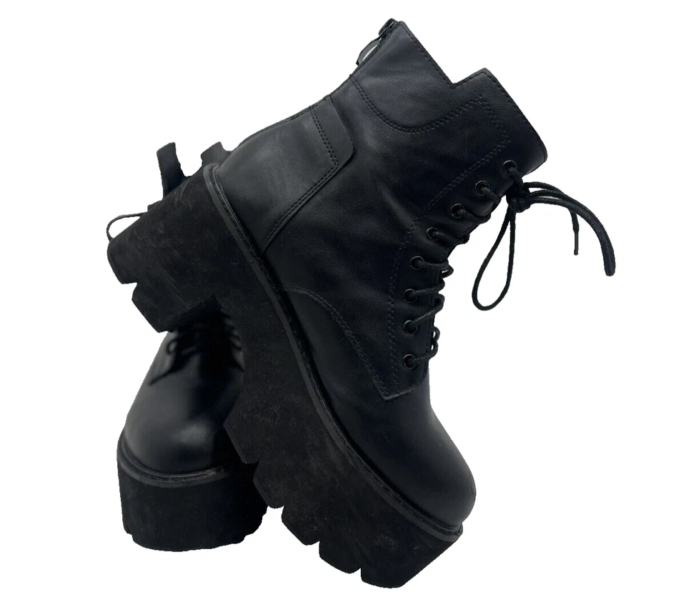 Botas de combate Y2K Grunge plataforma para mujer 8 negras imitación cuero con cordones Foto 3 de 4