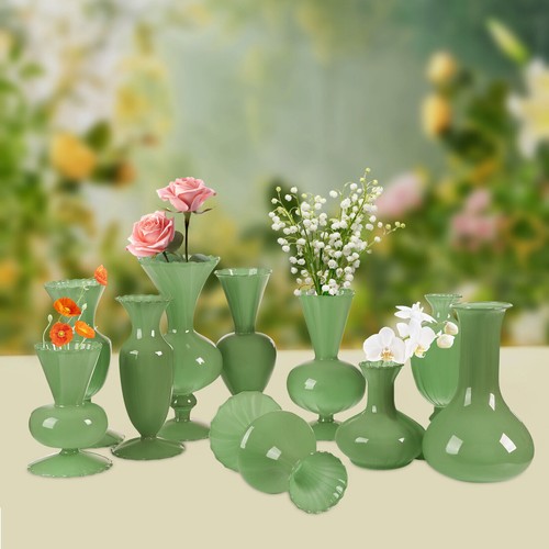 1 Set of 10 Mini Vases for Flowers - Ten Piece Small Glass Bud Vases - Green New - Picture 3 of 14