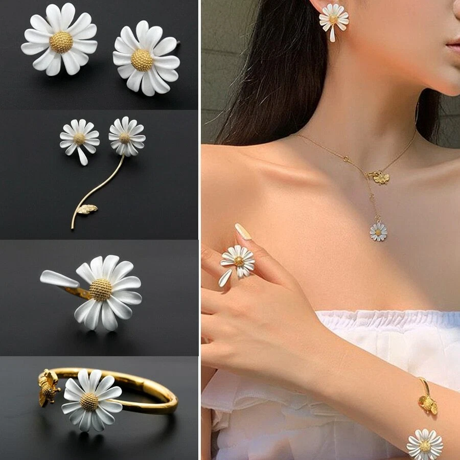 Korean Style Cute Small Daisy Flower Jewelry For Women Girls Sweet Earrings Ring