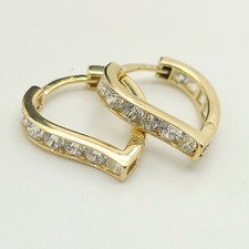 New 14k 585 Yellow Gold Small White Stone Heart 17' mm Hoop Huggie Earrings