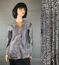 Vintage 70s Shirt Sz M Mettalic Silver Shiny Sparkly Long Sleeve Disco Blouse