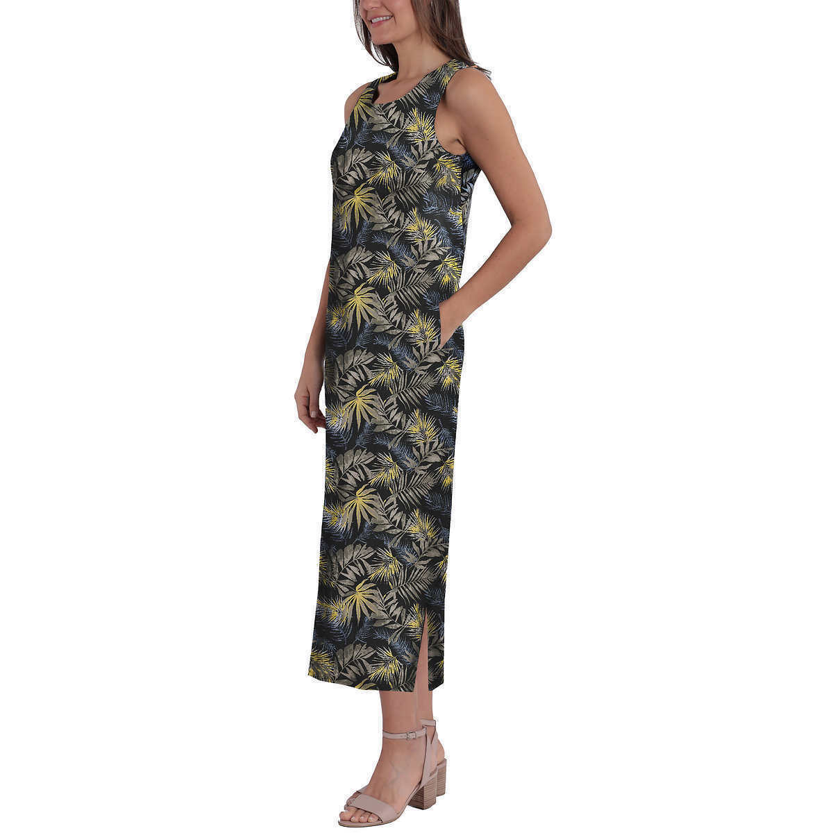 Briggs Women's Linen Blend Midi Tank Dress Crew Neck Pockets Side Slit