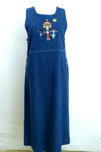 Bechamel Woman's Size M Embroidered Blue Denim Cotton Soccer Mom Long Dress - Picture 2 of 8