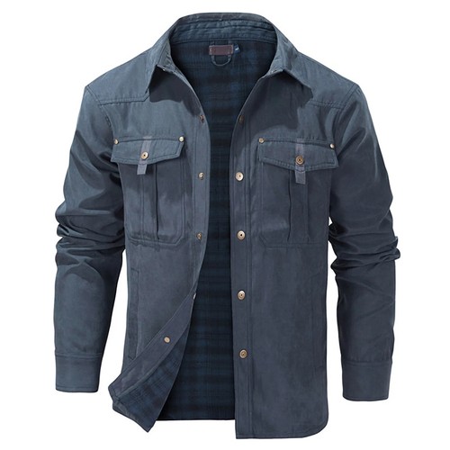 Winter Men'S Bomber Jacket Male Plaid Flannel Jacket Lapel Cargo Jackets Coats - Picture 20 of 22