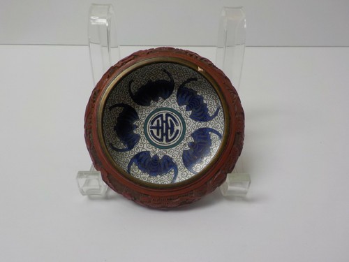 Antique Chinese Cinnabar 3.75" Dish, Cloisonne Enamel Interior - Picture 8 of 11