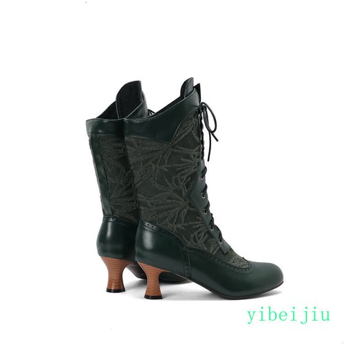 Women's Mid Calf Kitten Heel Ankle Boots Lace Up Leather Shoes Leather Vintage - Picture 9 of 30