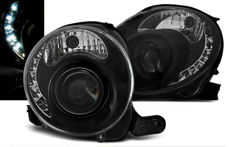Paire phares Fiat 500 07-15 daylight led noir finition premium et lentille haute résistance