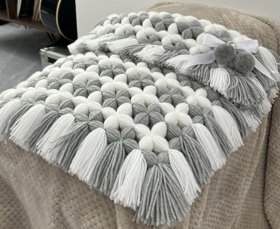 Handmade Baby Blanket Grey And White With Pom Poms eBay