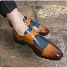 Handmade Mens Leather Monk Formal Shoes, Multicolor Mens Buckle Dress Shoes