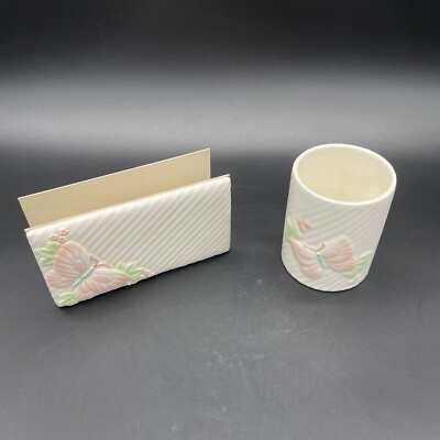 Desk Set Organizer Fitz and Floyd Butterfly Flower Letter Pen Holder Japan 80s