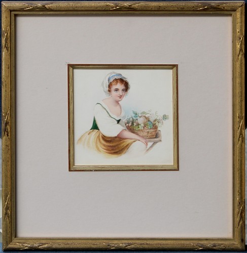Antikes Bild Portrait Mädchen Blumen Früchte 19. Jahrhundert Aquarell Gemälde