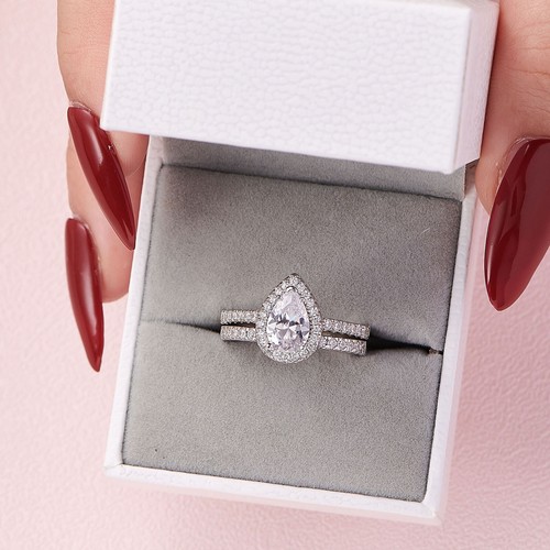 Wuziwen Women 925 Silver Ring Pear Cut Cut Engagement Wedding Ring Bridal Set - Picture 5 of 11