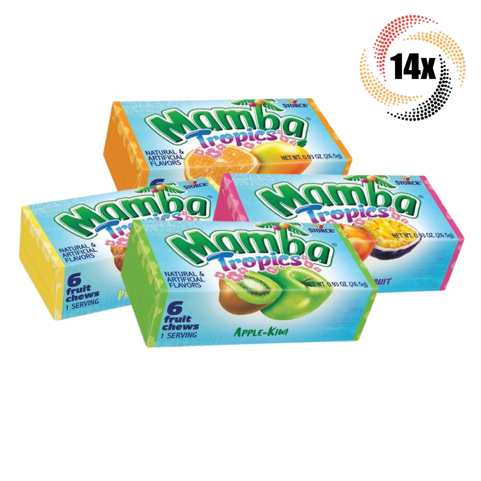 14 упаковок | Фруктовые жевательные резинки Storck Mamba Tropics в ассортименте |по 93 унции | по 6 жевательных резинок в каждой