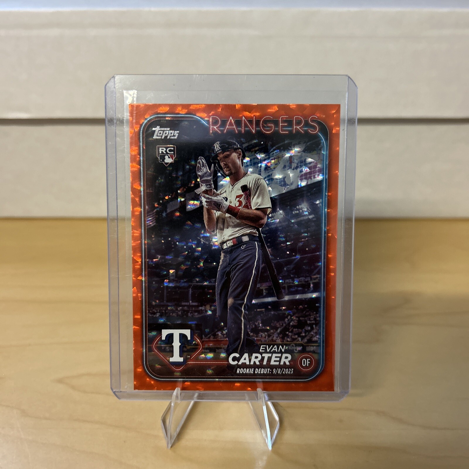 2024 Topps Update Series Evan Carter Orange Crackle Rookie Debut /299
