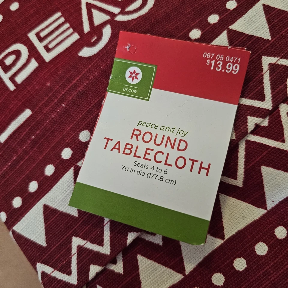 Christmas Tablecloth Peace and Joy 70” Round 44”-60” Table Red White NWT - Image 2 of 4