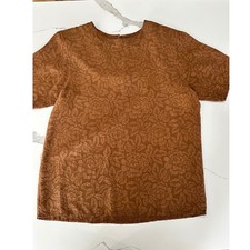 Silk Land Womens 100 Silk Floral Jacquard Short Sleeve Blouse Brown M