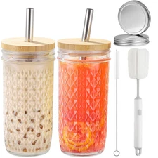 2 Pcs Glass Cups Set - 24oz Mason Jar Drinking Glasses with Bamboo Lids & Straws