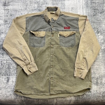 Vintage TAG Safari Shirt Mens Large Olive Khaki Colorblock Faded Travel Guide