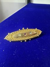 Antique 9ct Gold Bar Brooch Coloured Stone Victorian Edwardian Scroll Design