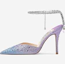 Crystal Chain Ankle Strap Stiletto High Heels With Rhinestones Size 8.5