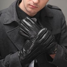 Men's Genuine Sheepskin Leather Driving Gloves Winter Warm Fleece Lined Black