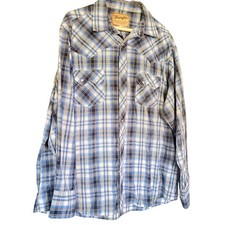 Wrangler Western Wear Shirt XL Blue Plaid Pearl Snaps Long Sleeve Cotton