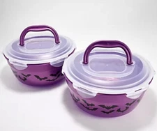 Lockn Lock Set Of 2 Halloween Candy Bowls W/  (2) Handle Lids-Bats-Purple