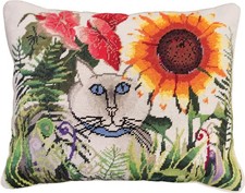 Handmade Needlepoint Cat Pillow with Floral Design