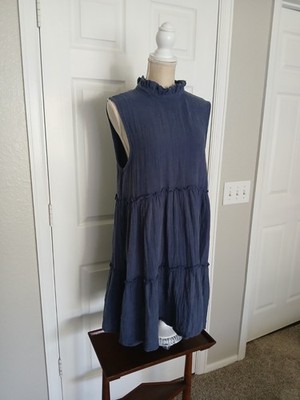 Blue Cotton Sleeveless Tiered Dress L Gauze Beach Resort Cottage Prairie Boho