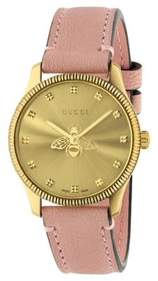 Gucci G-Timeless Gelbgold PVD Gold Zifferblatt Pinkes Leder Damen Uhr YA1265041