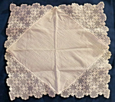 vintage white linen handkerchief lace at corners - 11" pretty dainty wedding