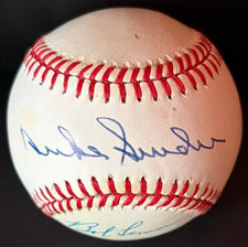 DUKE SNIDER & BOB LEMON SIGNED AUTOGRAPHED RAWLINGS OMLB BASEBALL RARE PSA