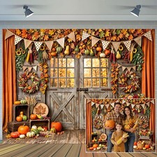 7x5FT Fall Backdrop Barn Door Maple Leaves Pumpkin Autumn Thanksgiving Party