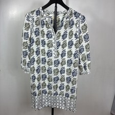 Loft Outlet XS Blue Green White Floral Tunic Dress Beach 3/4 Sleeve Rayon Women