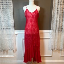 Vintage Y2K Red Lace Sheer Slip Dress High Low Ruffle Hem