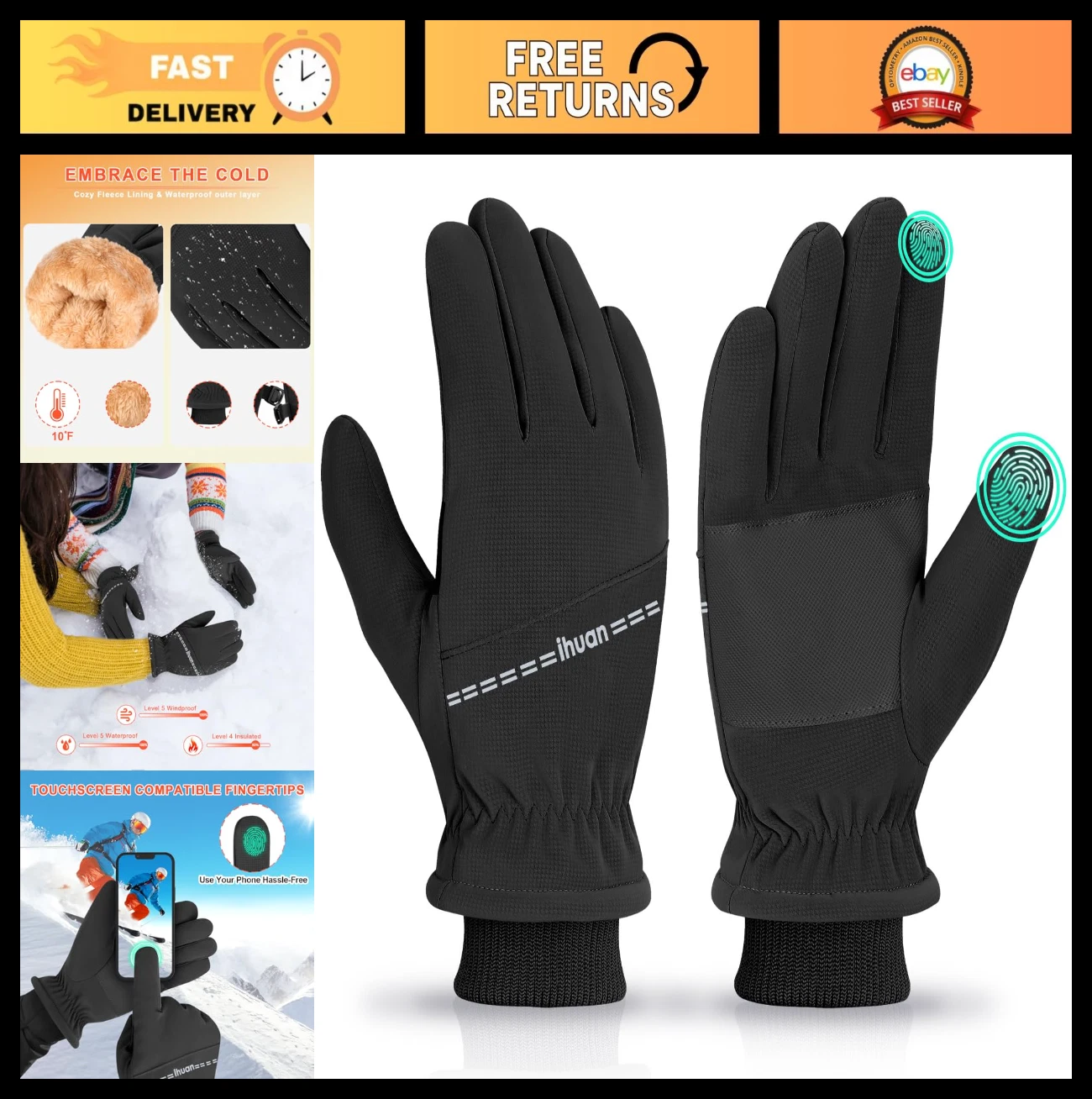 Winter Waterproof Ski Gloves for Men & Women - Thermal Touchscreen Cold Weather
