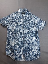 Rodd  Gunn Shirt Mens Medium Blue Floral 100 Linen Short Sleeve Sports Fit