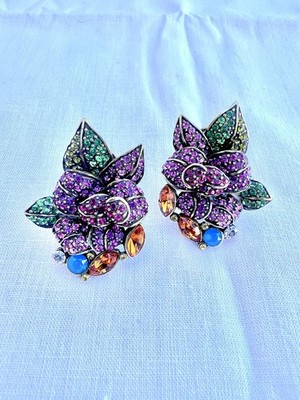 Heidi Daus ''Queen Rose'' Crystal Flower Earrings - Purple & Green - Omega Back