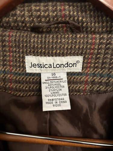 Vintage Jessica London braun karierter langer Damenmantel 16 W Wollmischung Dark Academia - Bild 4 von 10