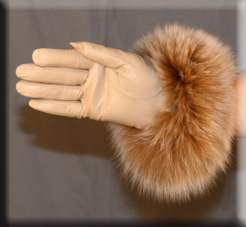 Brand New Cream Leather Gloves Blush Fox Fur Trim Cashmere Lining Size Small 6.5 - 第 1/3 張圖片