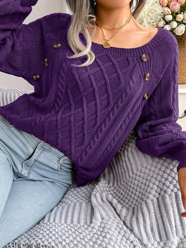 winter casual square neck button Fried Dough Twists knitting pullover sweater - Picture 28 of 58