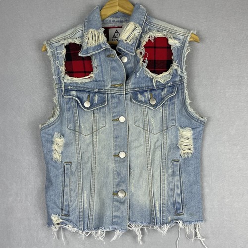 UNIF Trucker Vest Donna M Distressed Denim Cut Off Grunge Punk Y2K Rielaborato - Foto 12 di 18