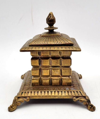 Antique Footed Brass Inkwell Hinge Opening 1800 Era