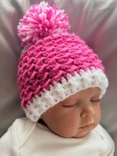 Brand New hand made crochet baby hat ,pink and white, pom pom 3-6 months