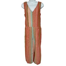 Beachlunchlounge Striped Linen Blend Jumpsuit Pockets Casual Womens Medium