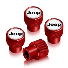 Jeep In White On Red Aluminum Tire Valve Stem Caps
