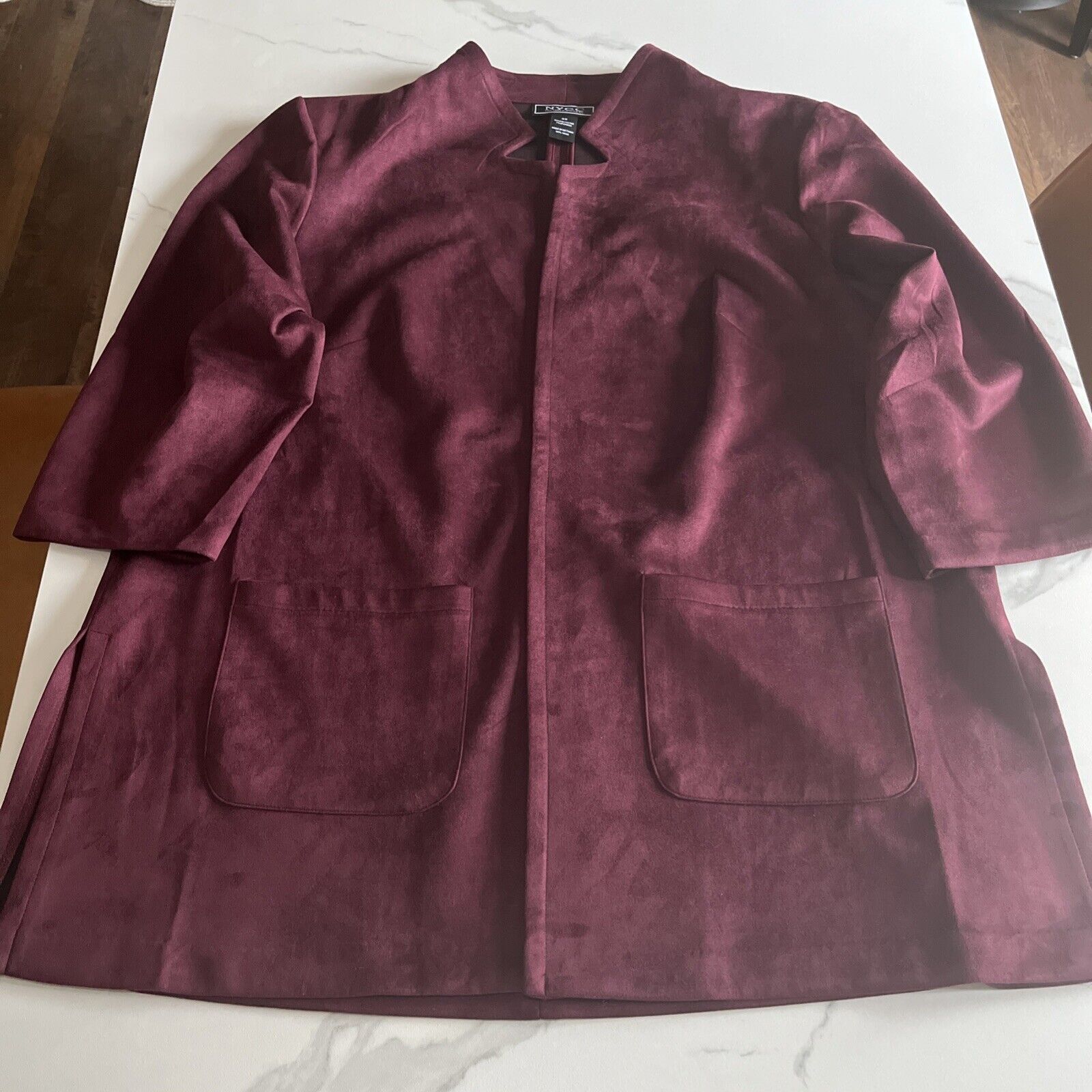 NYCC Womens Size 3X Faux Suede Open Jacket Duster 3/4 Sleeves Side Slits Maroon