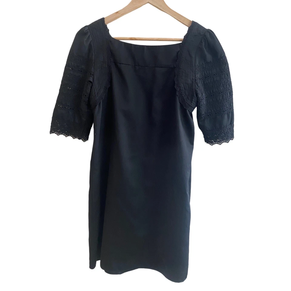 Vertigo Paris Black Square Neck Lace Trim Women XS Satin Mini Shift Puff Sleeve - Image 2 of 4